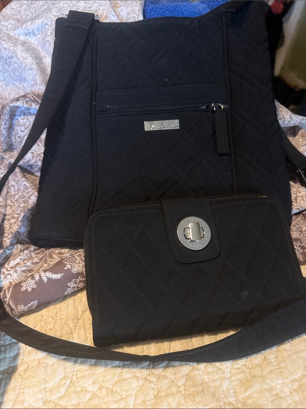 Vera Bradley Black Quilted Crossbody with Matching Wallet Set